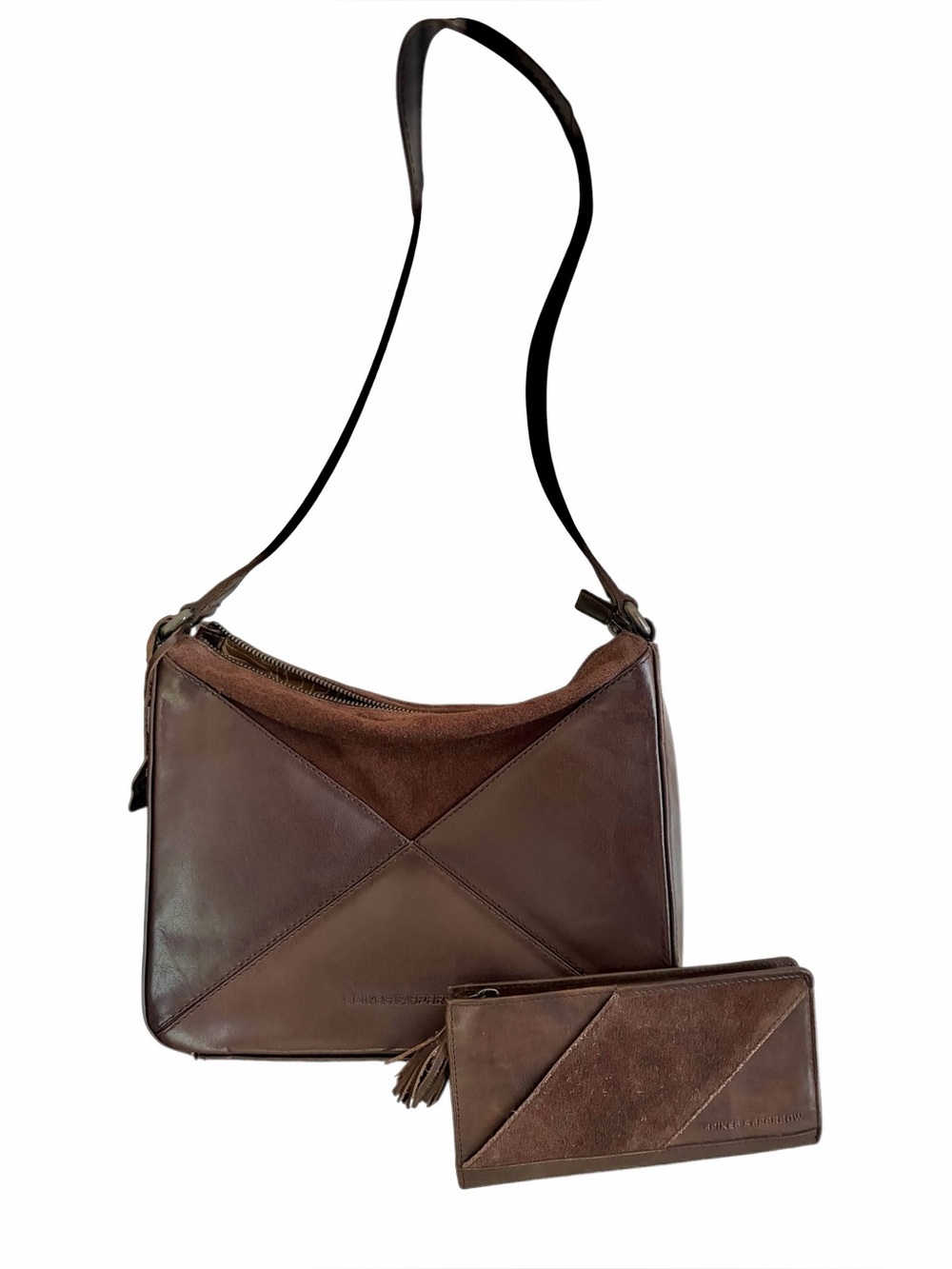 BUNDLE-Spikes & Sparrow Brown Puzzle Cut Genuine Leather Shoulder Bag w/ Wallet